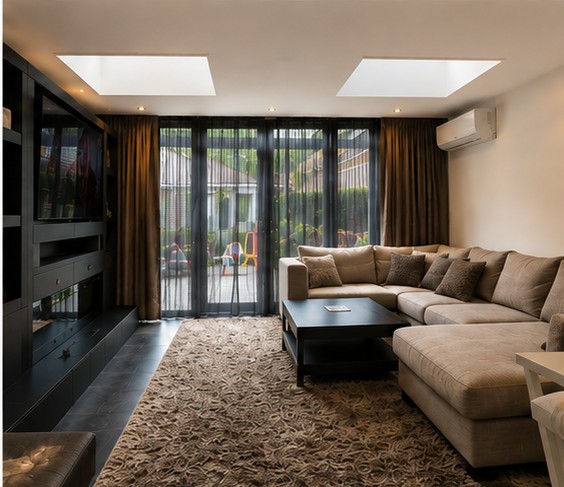 Woonkamer met aanbouw, wit plafond met lichtkoepels en strak gesausde wanden